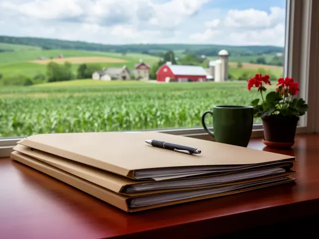 Stack of closed kraft folders with a pen on a desk by a window onto rolling farmland with red barns