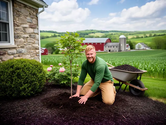 Smiling landscaper planting a young dogwood beside a fieldstone house with farmland behind