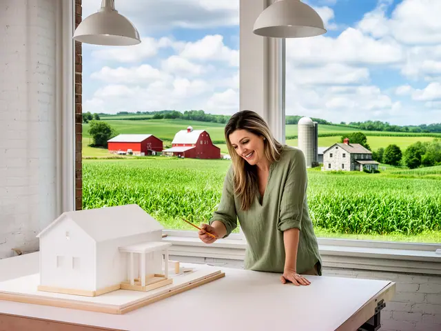 Woman in her early 40s in a sage-green linen blouse studying a white architectural model on a studio worktable